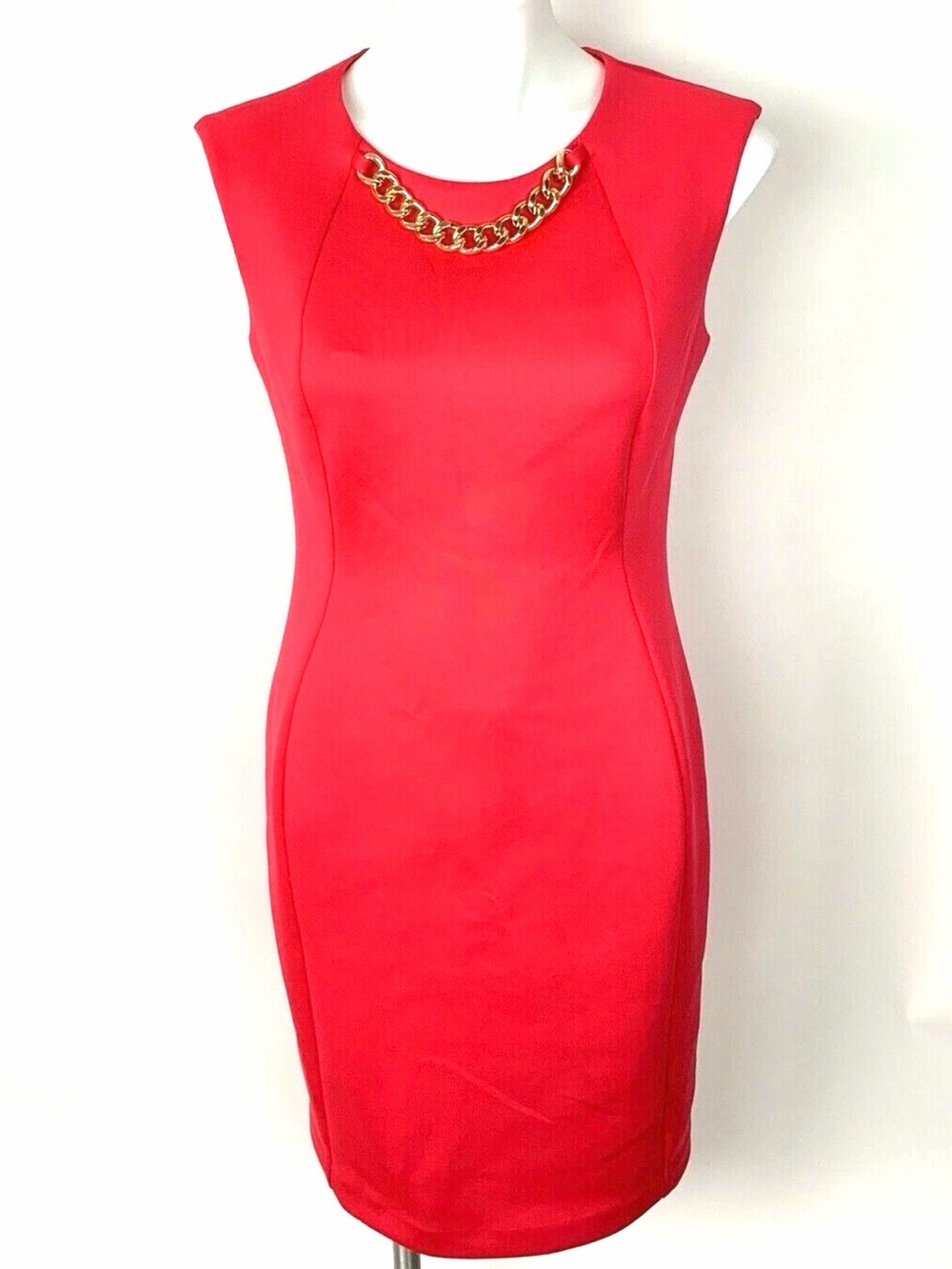 Calvin Klein Hot Pink Midi Sheath Dress with Gold Chain